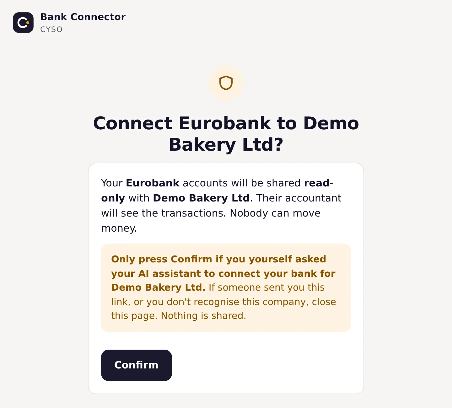 Confirmation page asking the user to confirm sharing Eurobank accounts read-only
