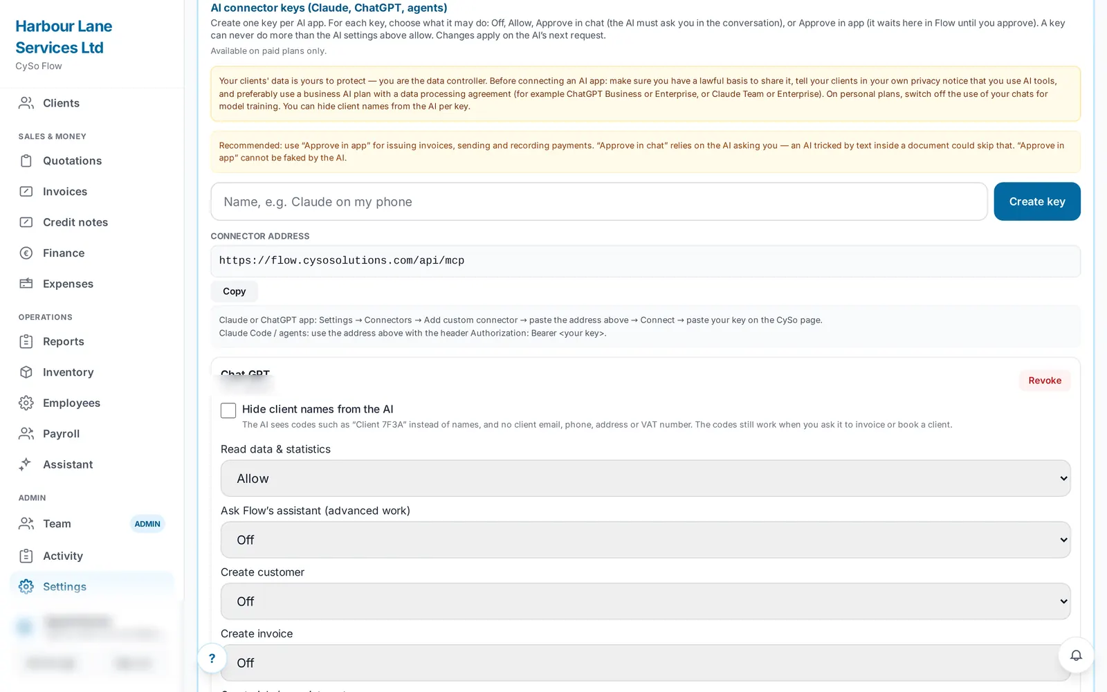 Ρυθμίσεις του Flow με ένα κλειδί AI connector και τι επιτρέπεται σε αυτό