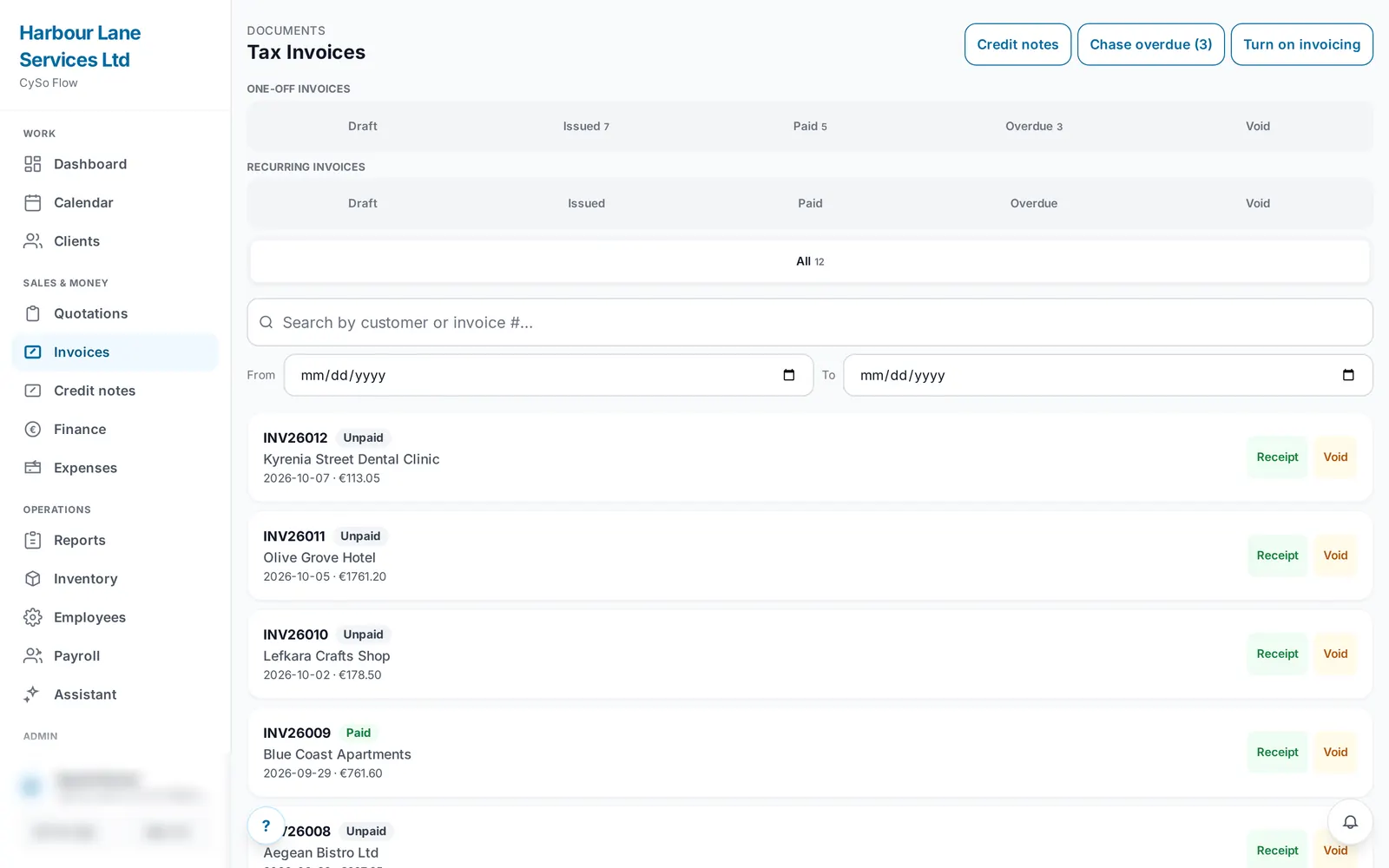 CySo Flow invoice list for a demo company, with paid and unpaid invoices