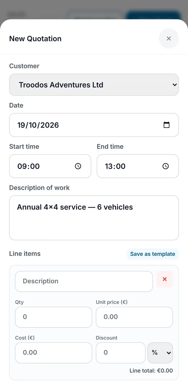 New quotation in CySo Flow, with the customer, date, time and description of work