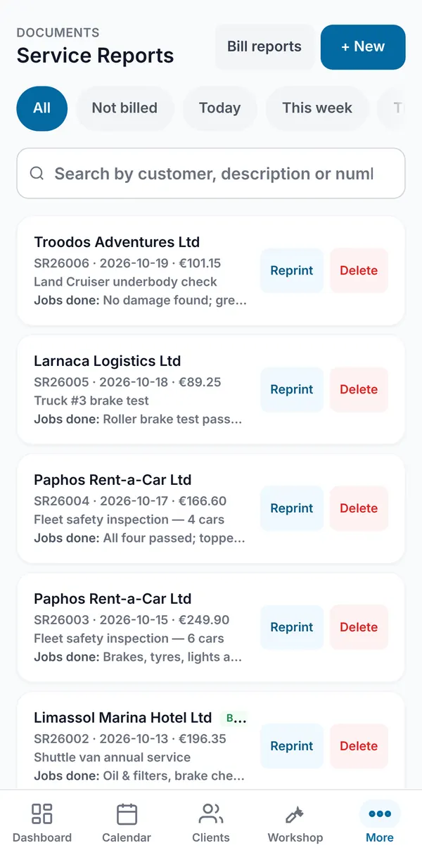 List of numbered service reports with the jobs done for each client