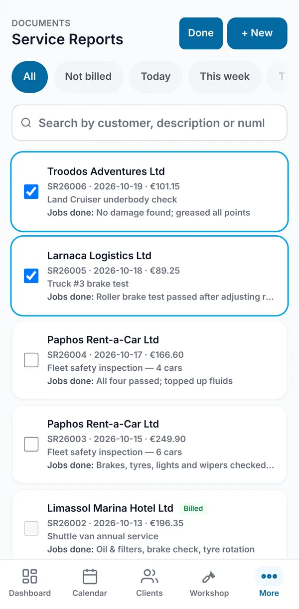Several service reports ticked to bill them on one invoice