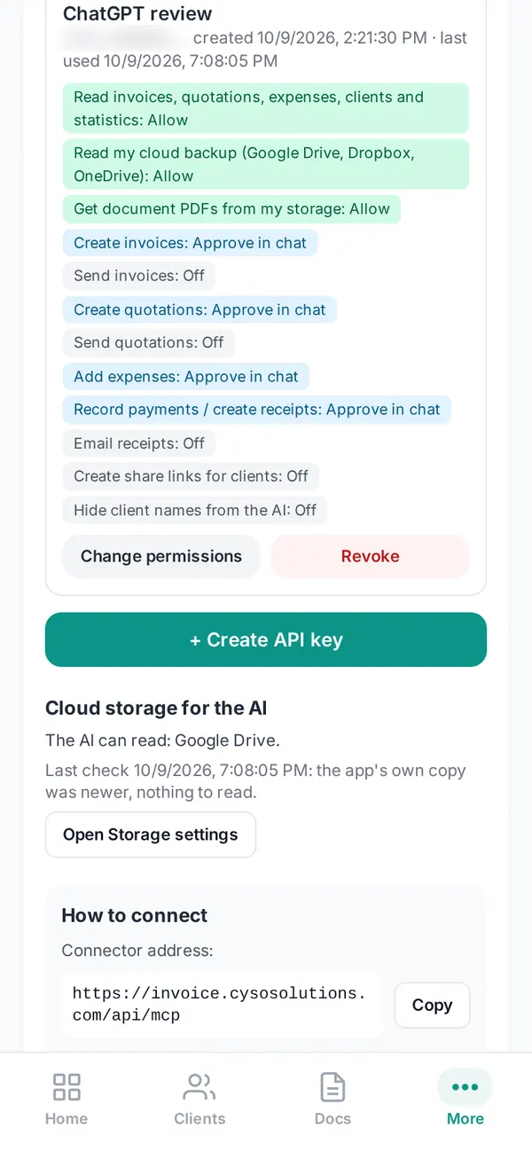 Οθόνη ρυθμίσεων του Invoicing με ένα κλειδί AI connector και τα δικαιώματά του