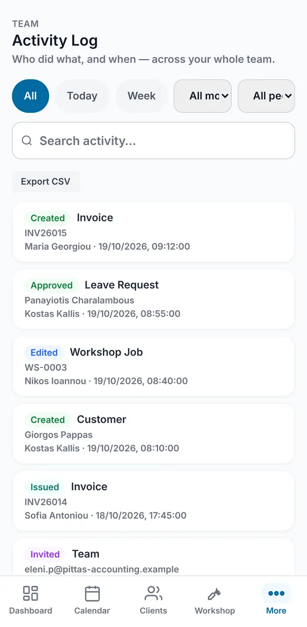 The Activity Log with All, Today and Week filters, module and person filters, search, Export CSV and a list of created, approved, edited, issued and invited entries.