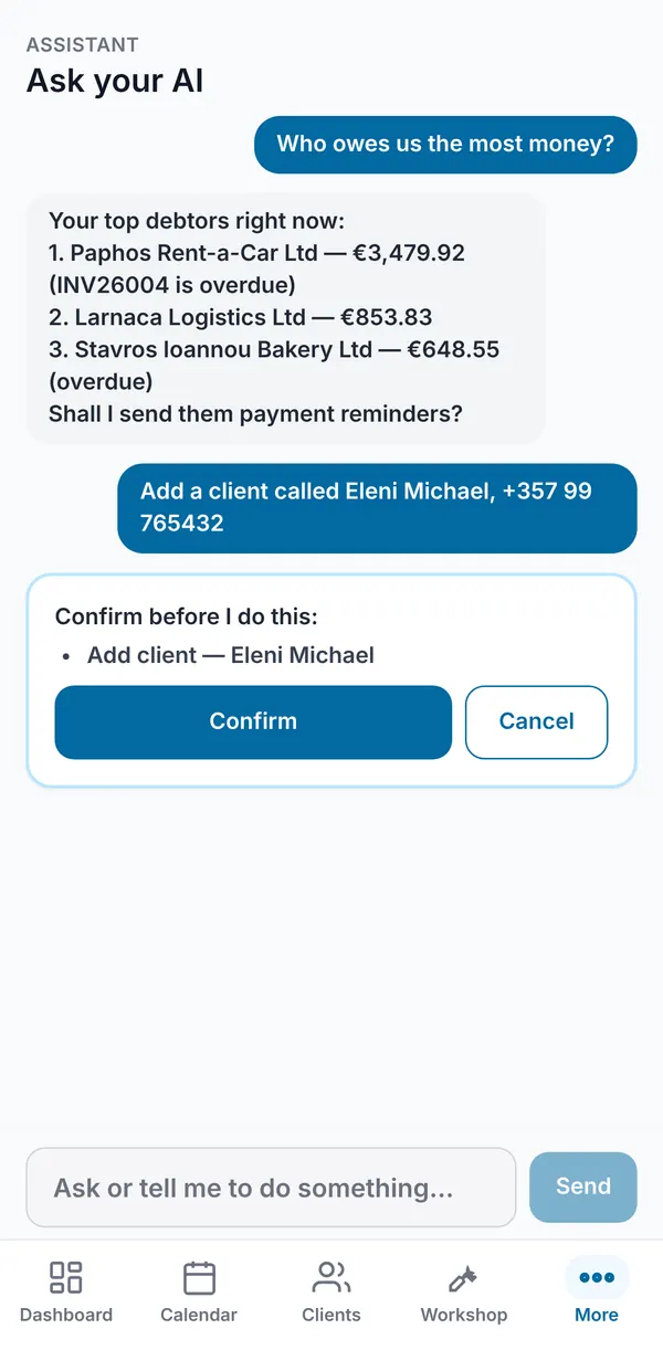 The assistant listing top debtors, then asking you to confirm before it adds a new client, with Confirm and Cancel buttons.
