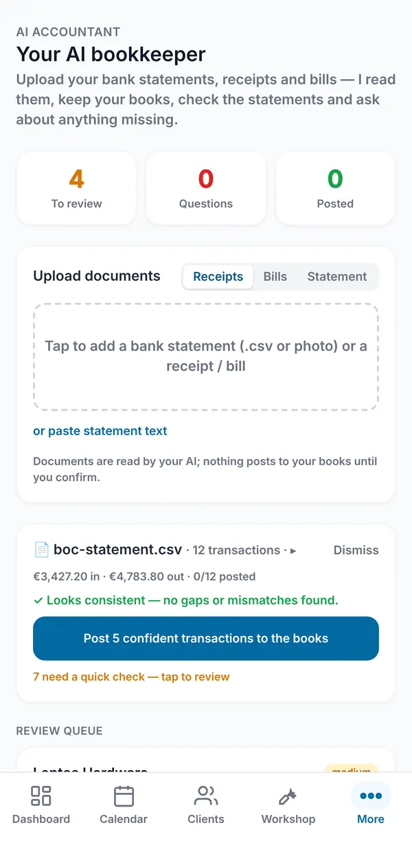 A bank statement CSV marked as consistent, with a button to post 5 confident transactions and 7 lines waiting for a quick check.
