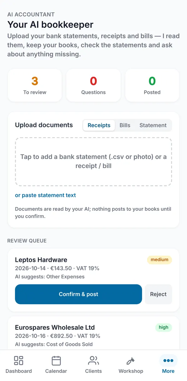 The AI Accountant page with To review, Questions and Posted counters, the upload area for receipts, bills and statements, and the review queue.
