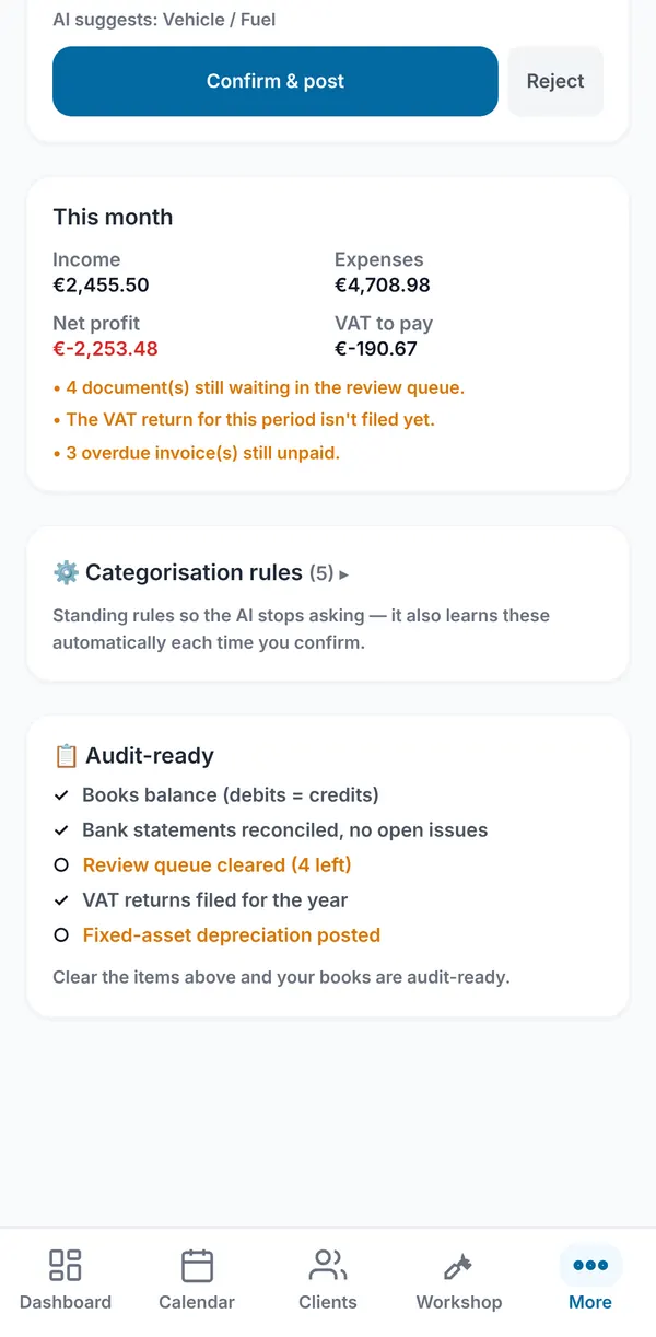 The This month summary of income, expenses, net profit and VAT to pay with open items, followed by categorisation rules and the audit-ready checklist.
