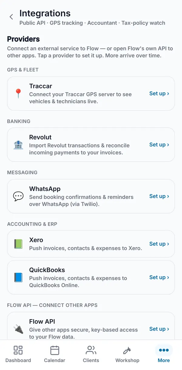 The Integrations screen with providers grouped under GPS & fleet, Banking, Messaging, Accounting & ERP and Flow API.