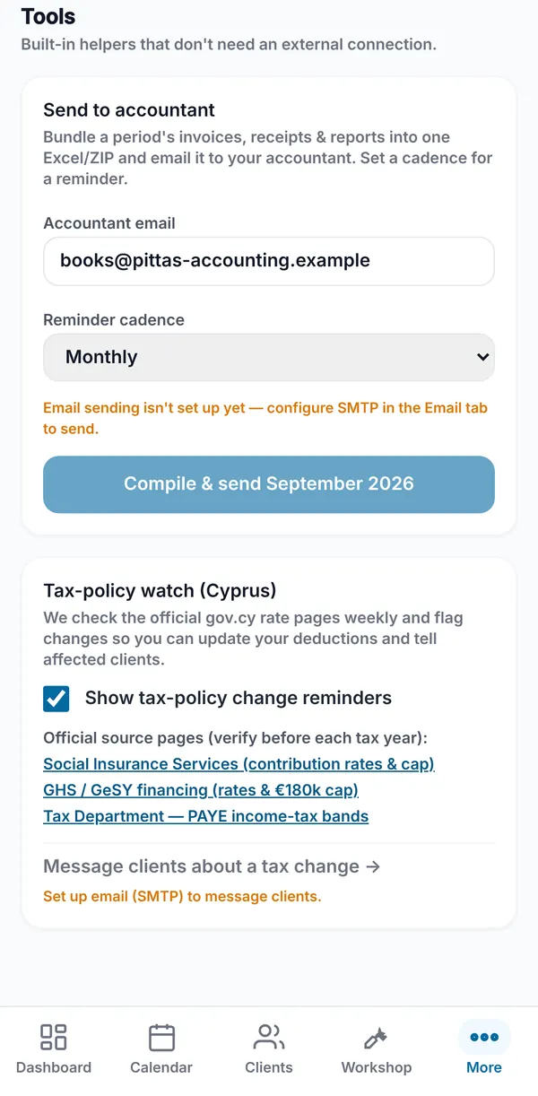 The Tools section with Send to accountant (email and reminder cadence) and Tax-policy watch with links to official Cyprus source pages.