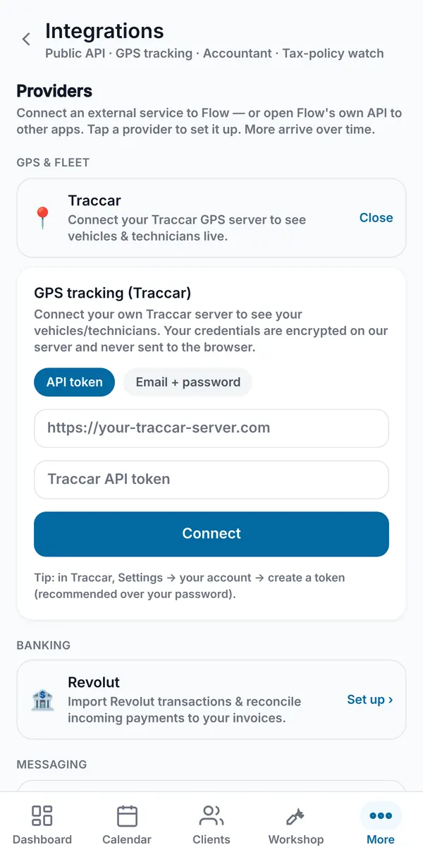 The Traccar set-up card open, asking for your Traccar server address and an API token or email and password.