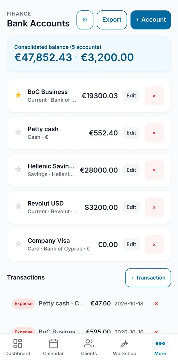 The Bank Accounts screen with the consolidated balance card, five accounts with their balances and a starred primary account, and the start of the transactions list.
