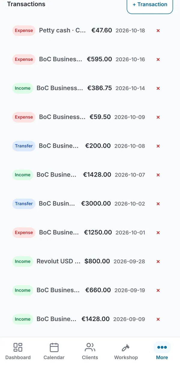The transactions list with expense, income and transfer entries, each with its amount and date.