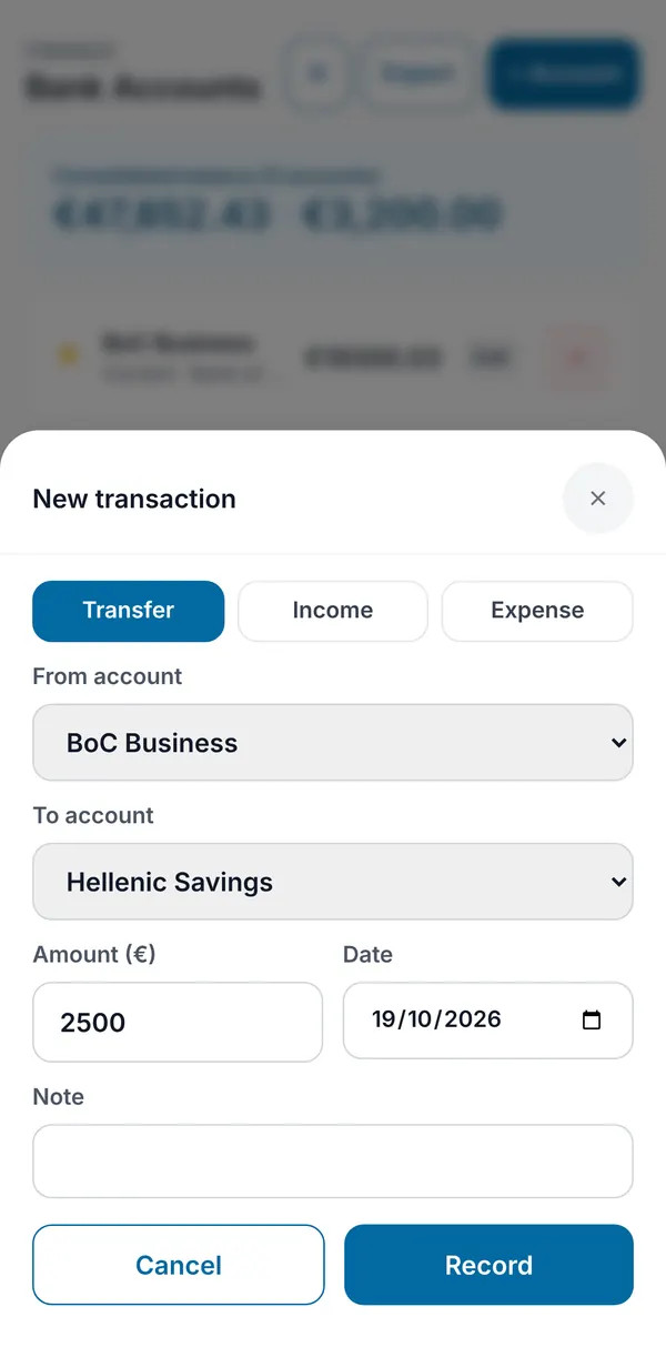 The New transaction form recording a transfer from one account to another, with amount, date and note.