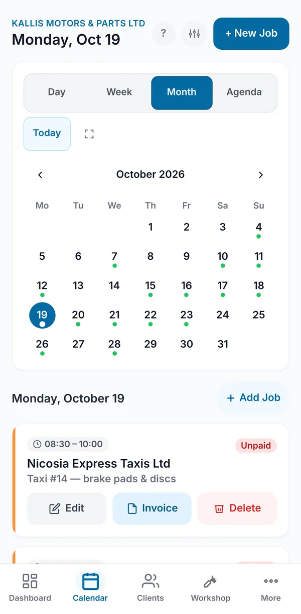 The month view with the Day, Week, Month and Agenda switch, dots on busy days, and today's jobs listed below.
