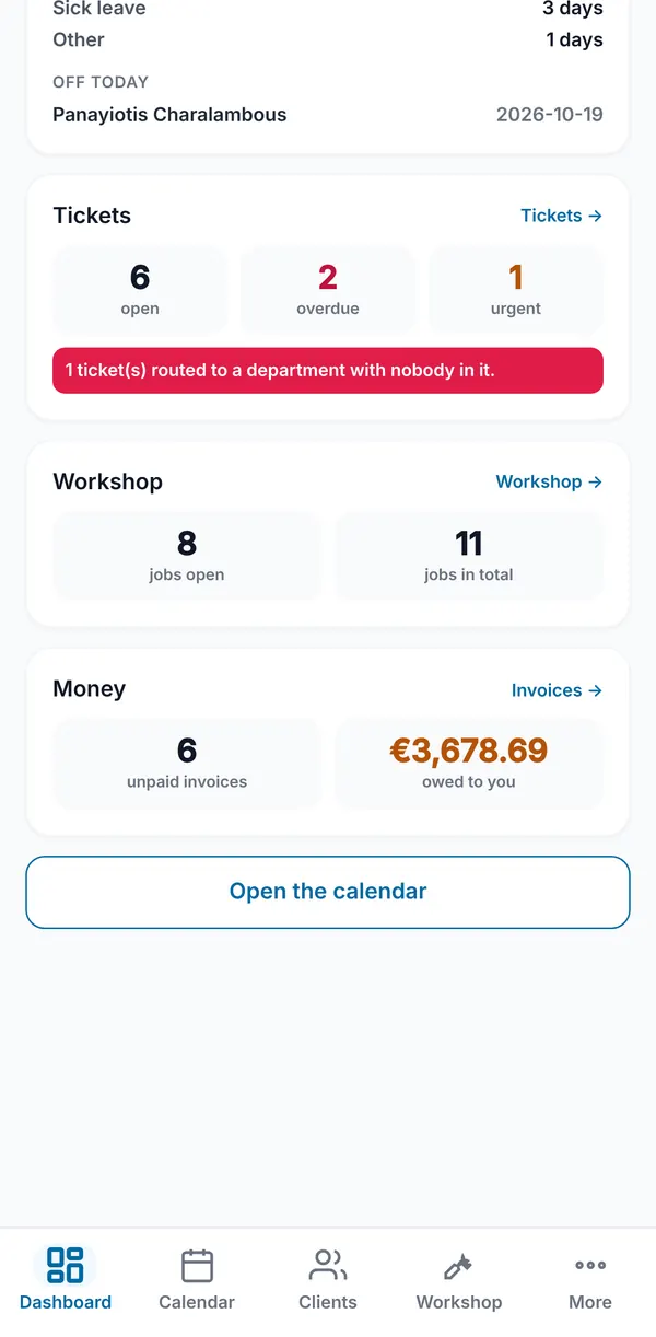 The Tickets, Workshop and Money cards, with unpaid invoices and the amount owed, and a button to open the calendar.