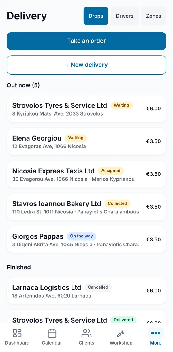 The Drops tab with Take an order and New delivery, the drops out now with their status, address, driver and fee, and finished drops below.