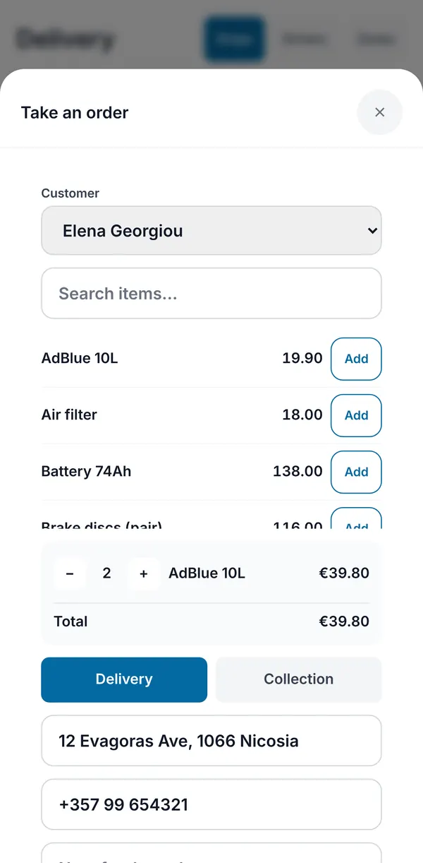 Taking an order over the phone: customer, searchable priced items, a basket with total, delivery or collection, address and phone.