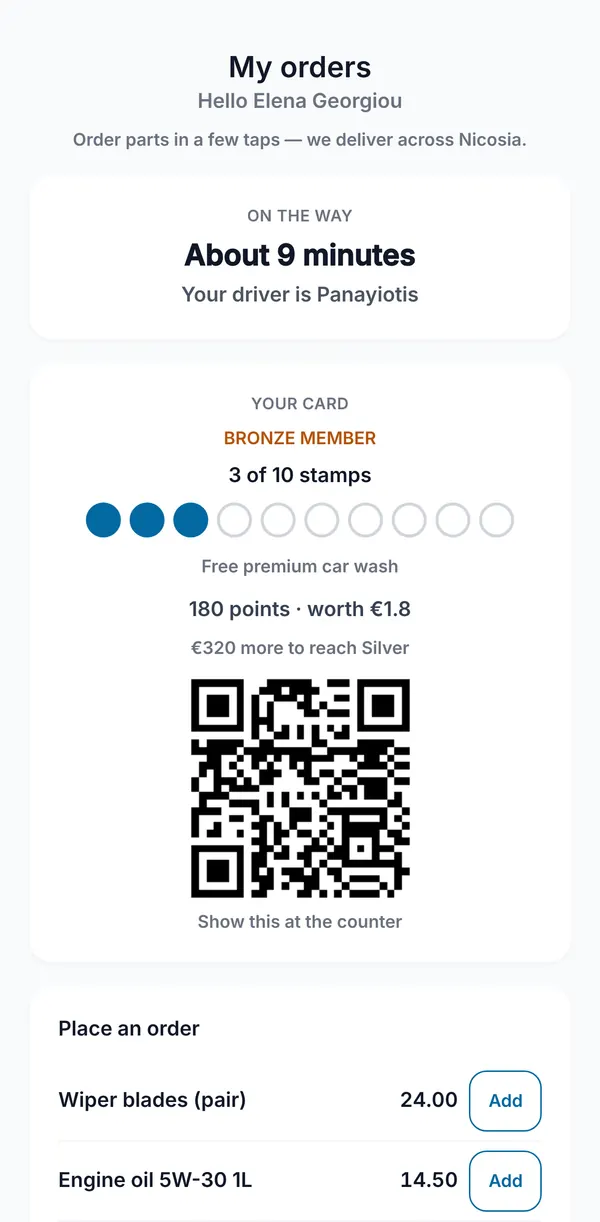 What a signed-in customer sees: a welcome, their delivery on the way with the driver's name, their loyalty card with QR code, and the start of the order list.