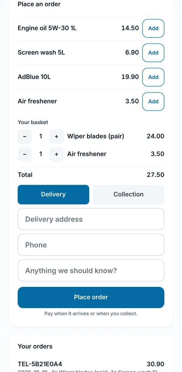 A customer placing an order: items with Add buttons, a basket and total, delivery or collection, address, phone and note, and their past orders below.
