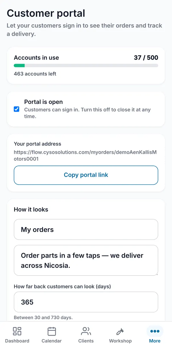 The portal settings: accounts in use out of 500, the open switch, the portal link with a copy button, title, welcome message and history days.