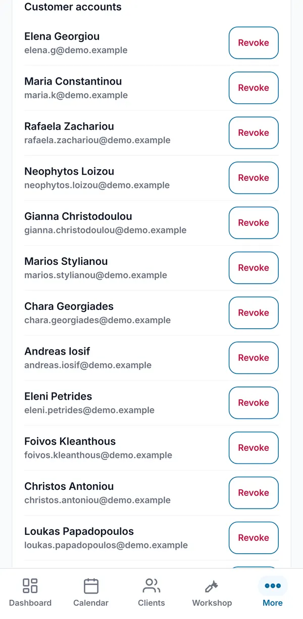 The list of customer accounts with their email addresses and a Revoke button on each.