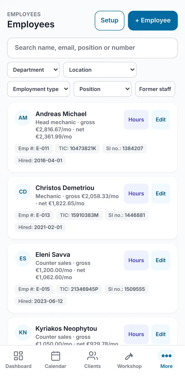 The staff register with search, department, location, employment type and position filters, and each person's role, pay and ID tags.