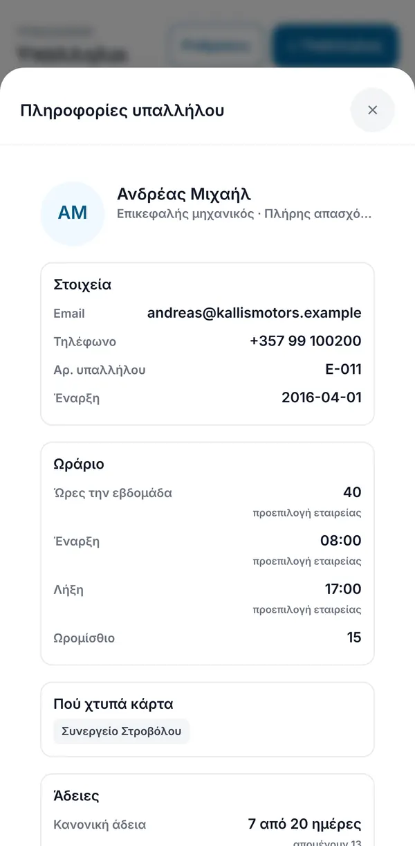 Το δελτίο στοιχείων ενός εργαζομένου με στοιχεία επικοινωνίας, ωράριο, την τοποθεσία όπου χτυπά κάρτα και τις άδειές του.