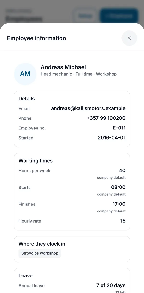 One employee's information sheet with contact details, working times, the location they clock in at and their leave.