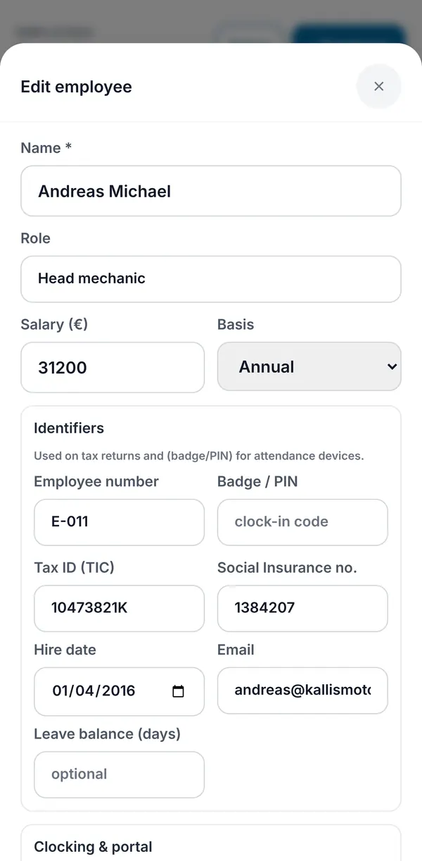 The edit form with name, role, salary and basis, employee number, tax ID, social insurance number, hire date and email.