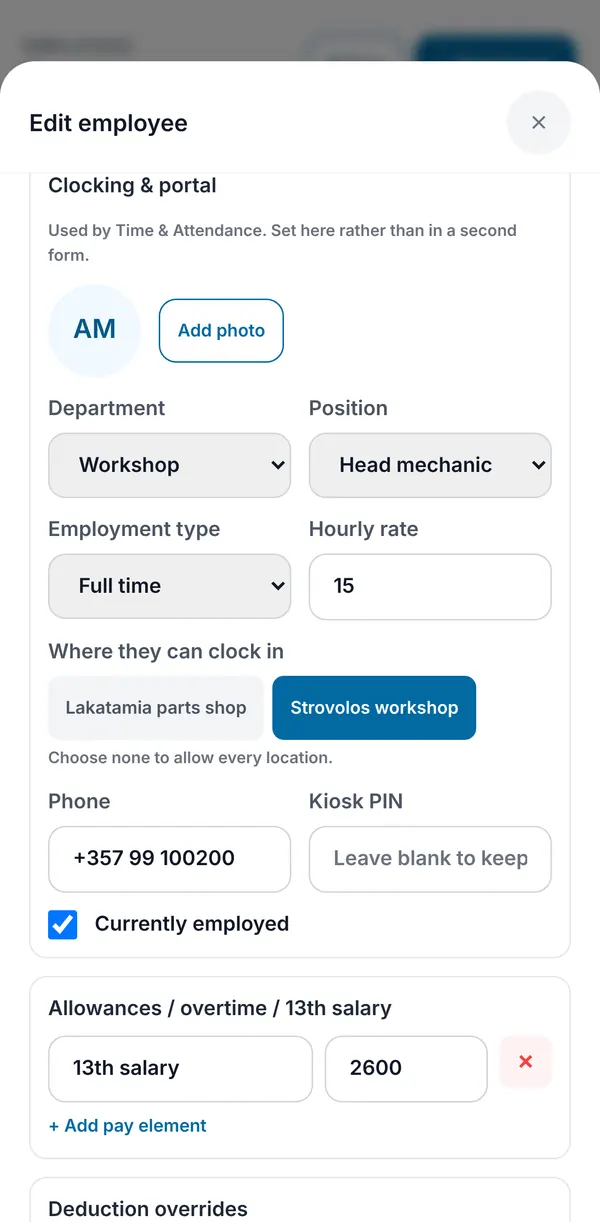 The clocking section of the same form: department, position, employment type, hourly rate, allowed locations, phone, kiosk PIN and a 13th salary pay element.