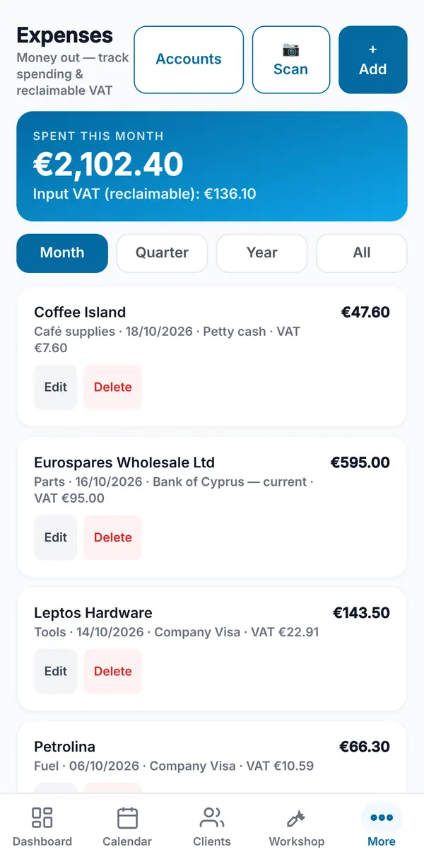 The Expenses screen with this month's spending and reclaimable input VAT, period filters, and expenses showing category, date, paying account and VAT.