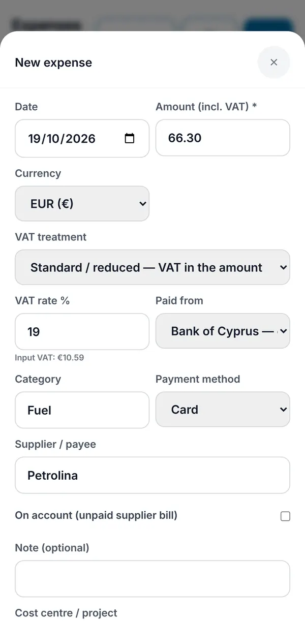 The New expense form with amount including VAT, currency, VAT treatment, VAT rate with the input VAT worked out, paid-from account, category, payment method, supplier and the on-account option.