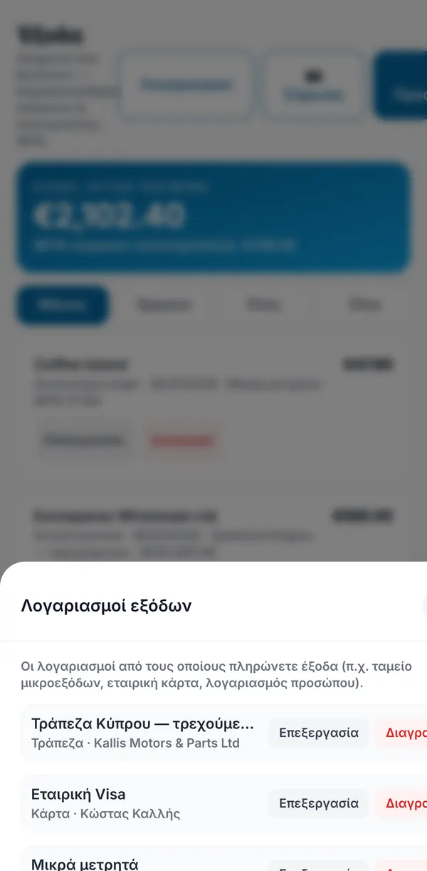 Η λίστα λογαριασμών εξόδων με τραπεζικό λογαριασμό, εταιρική κάρτα και ταμείο μικροεξόδων, ο καθένας με τον κάτοχό του.