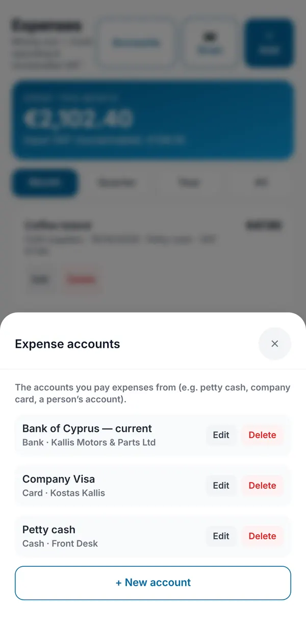 The Expense accounts sheet listing a bank account, a company card and petty cash, each with its owner.