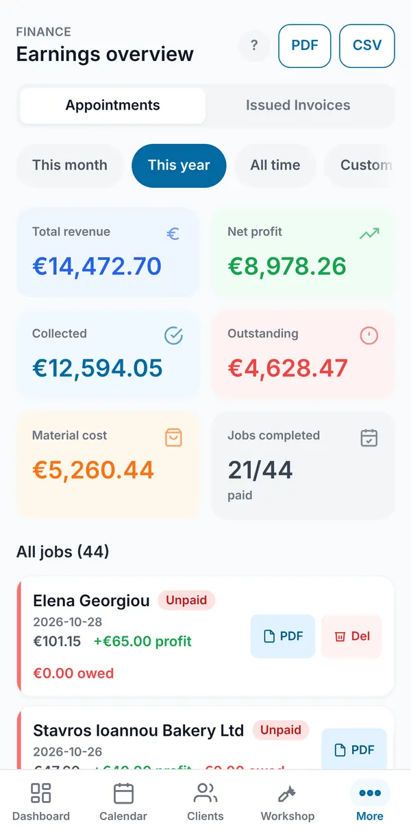 The same overview switched to This year, with PDF and CSV export buttons at the top.