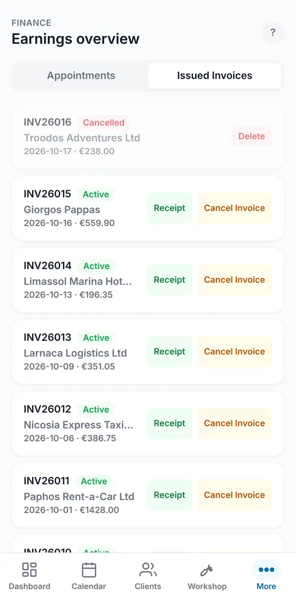 The Issued Invoices tab listing invoices with their status and Receipt and Cancel Invoice buttons.