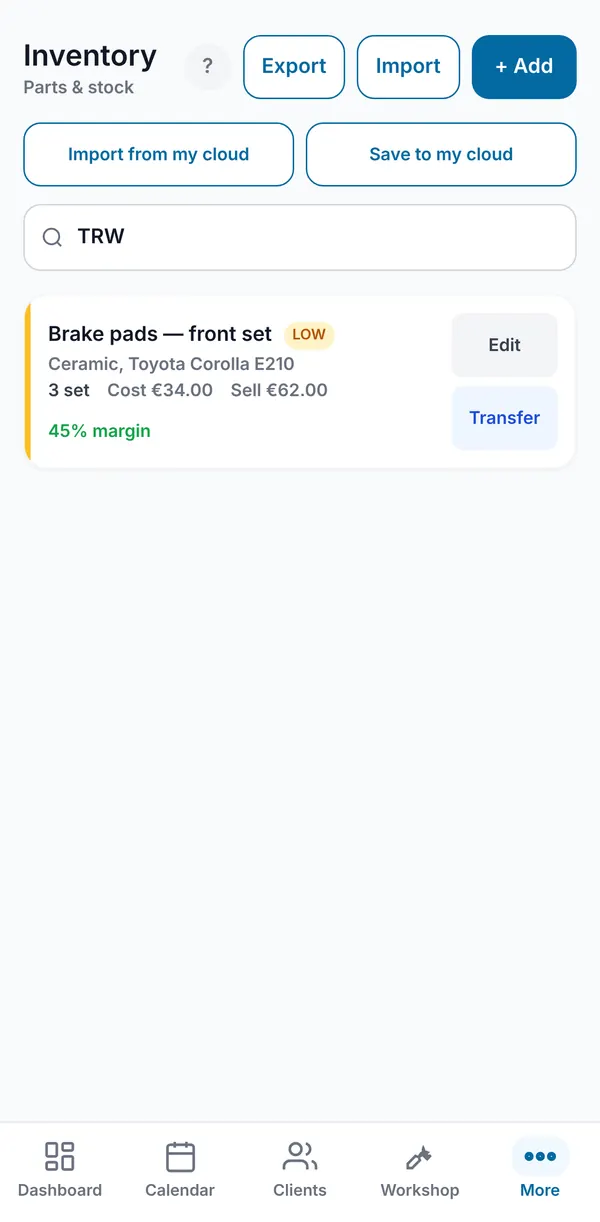 A search for a brand name finding the matching part, marked as low stock.