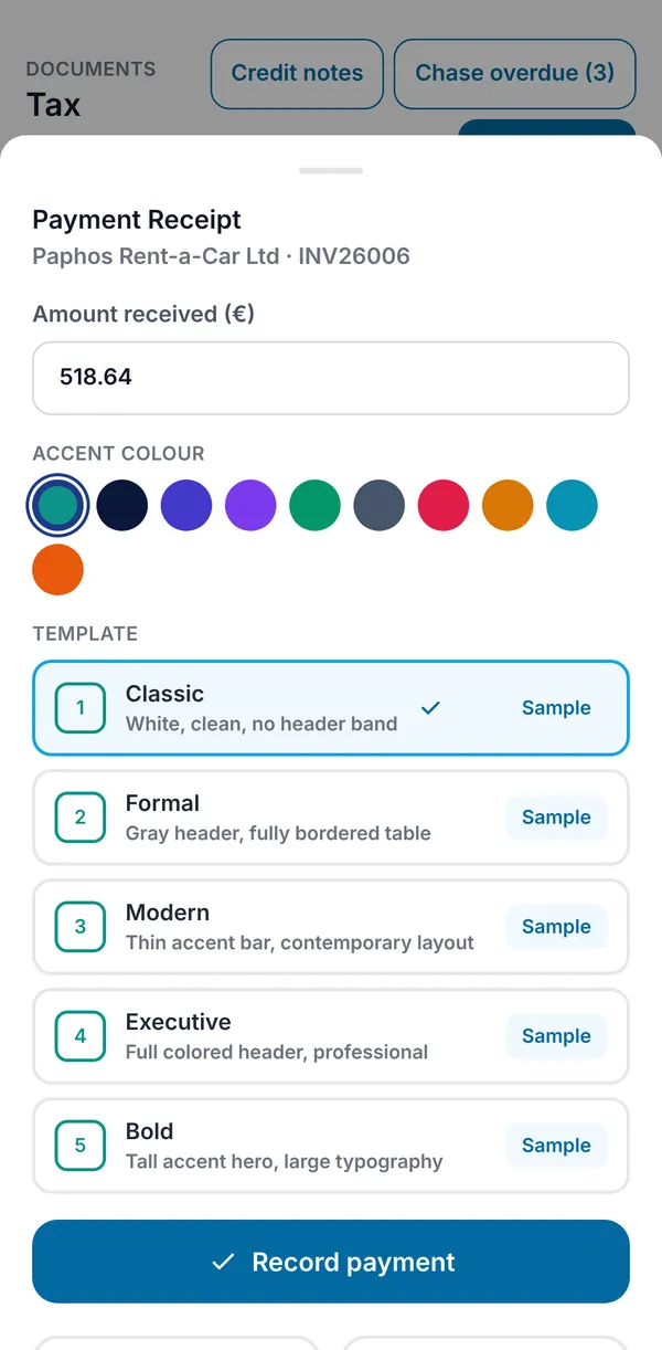 The Payment Receipt sheet with the amount received, accent colours and five receipt templates.