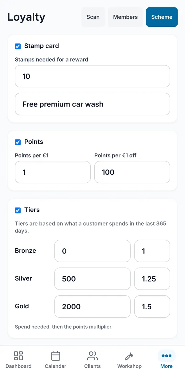 The scheme settings: stamp card and reward, points per €1 and per €1 off, and Bronze, Silver and Gold tiers with multipliers.
