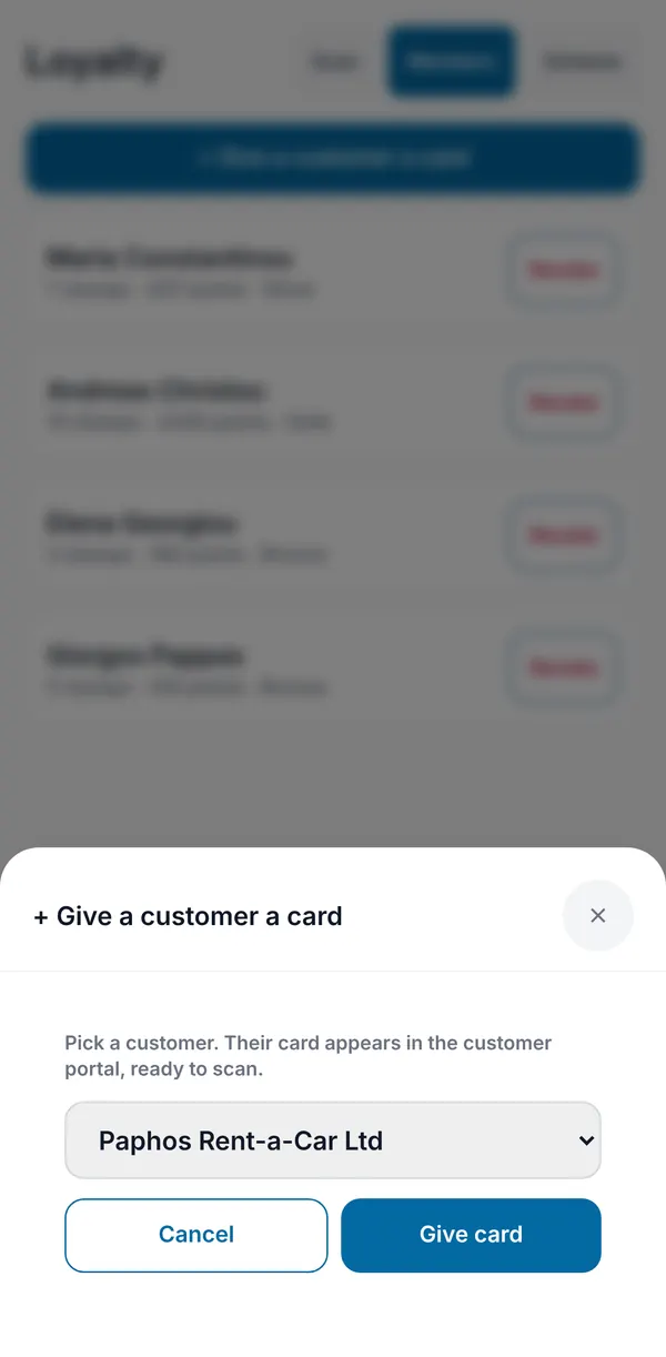 Giving a customer a card by picking them from your client list.