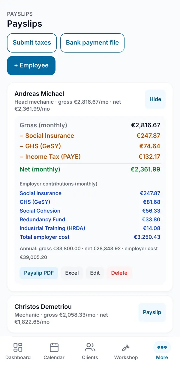 An open payslip with social insurance, GHS and income tax deducted, net pay, employer contributions, total employer cost and PDF and Excel buttons.