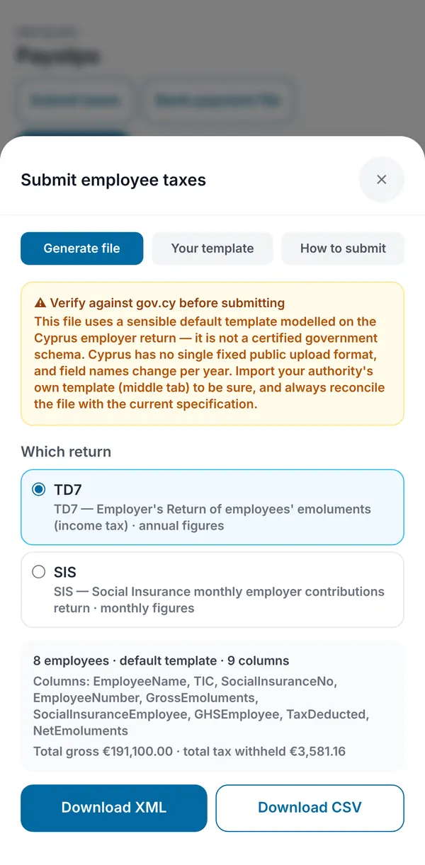 The employer return screen with a TD7 or SIS choice, the columns, totals, a warning to check against gov.cy and XML and CSV downloads.