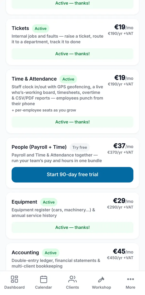 The People (Payroll + Time) card in Modules &amp; pricing with its monthly and yearly price and a Start 90-day free trial button.