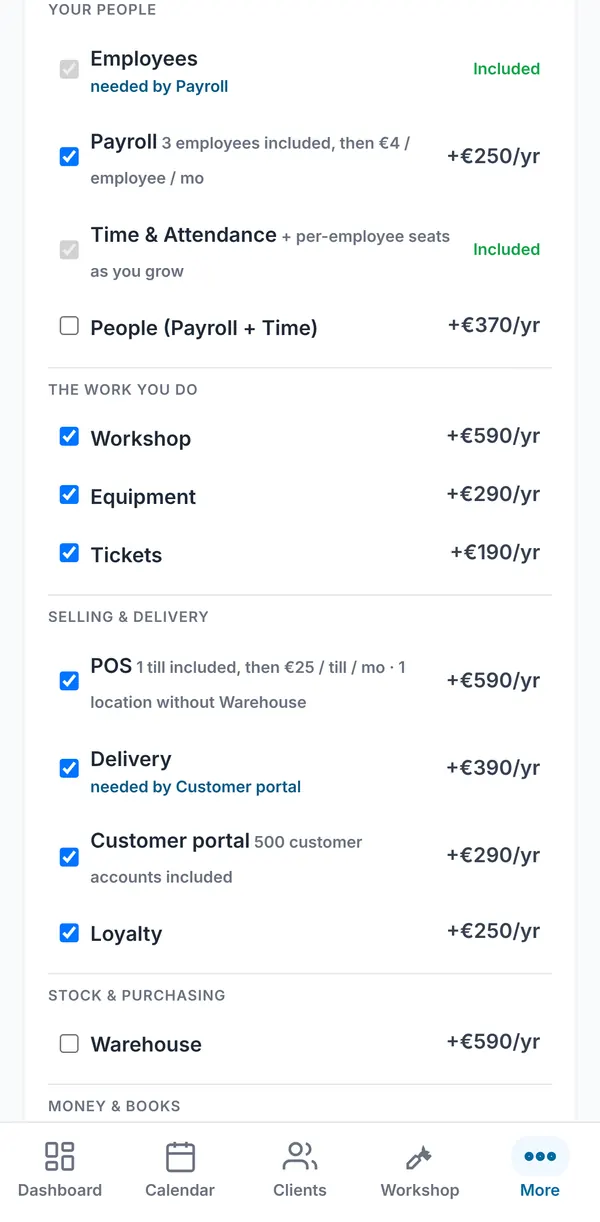 The Your people group in the plan basket with Employees marked as needed by Payroll, Payroll, Time &amp; Attendance and the People bundle.