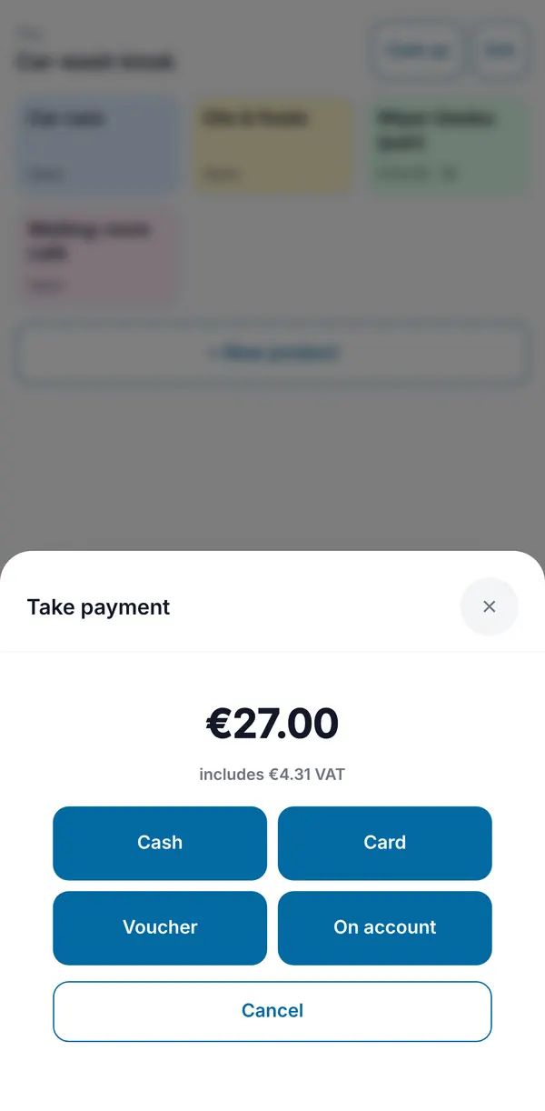 Take payment: the total with VAT and buttons for Cash, Card, Voucher and On account.