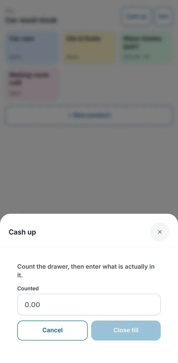 The blind cash-up asking for the counted cash before anything else is shown.