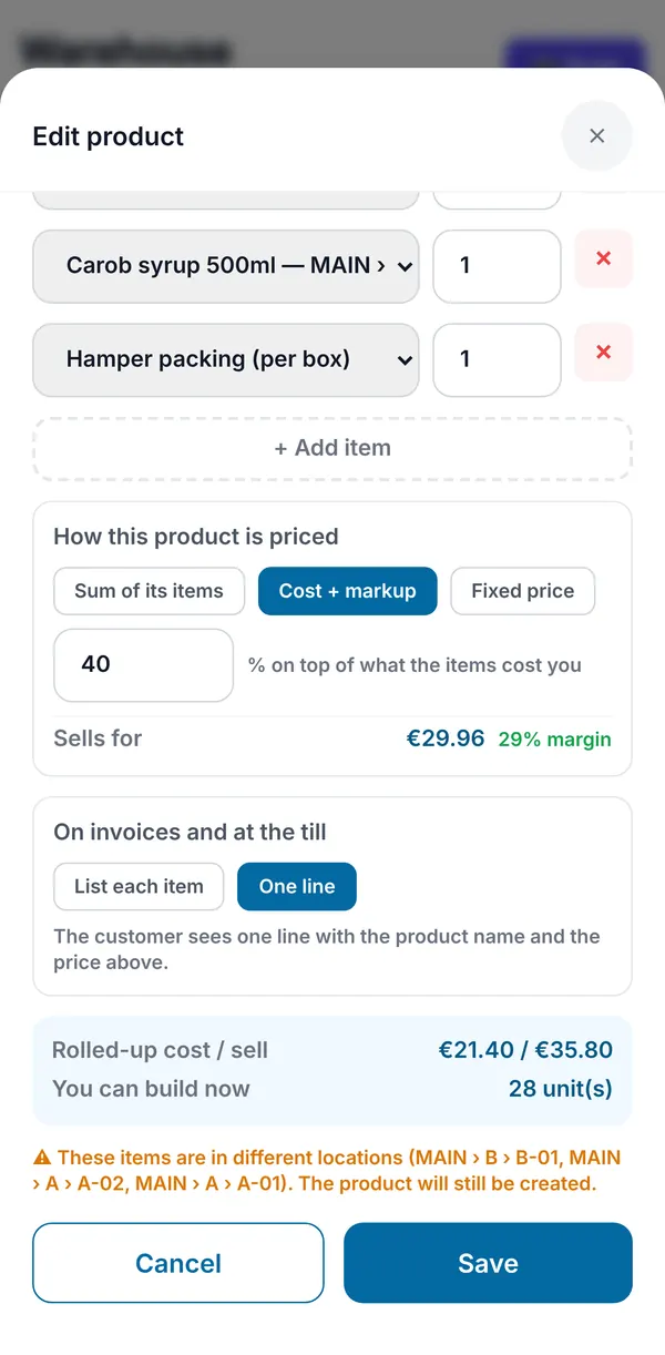 Pricing by cost plus markup, the one line or each item choice, the rolled-up cost and sell, and a different-locations warning.