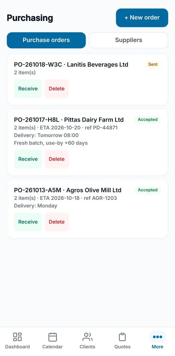 The purchase order list with Sent and Accepted orders, delivery dates, supplier references and Receive buttons.