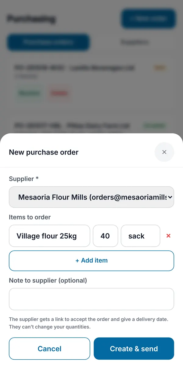 A new purchase order: supplier, items with quantity and unit, an optional note, and Create &amp; send.